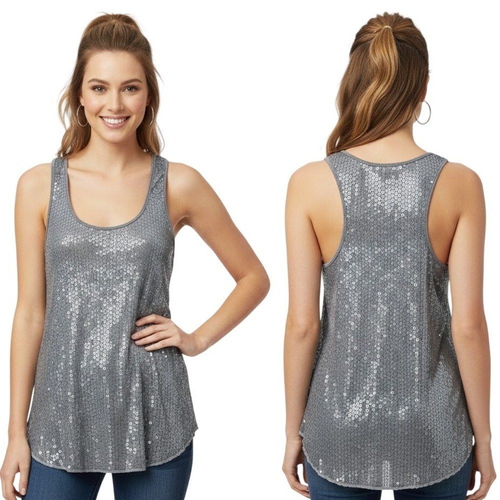BCBGMAXAZRIA Sequin Tank Top Women Small Silver New Sparkle Racerback Scoop Neck